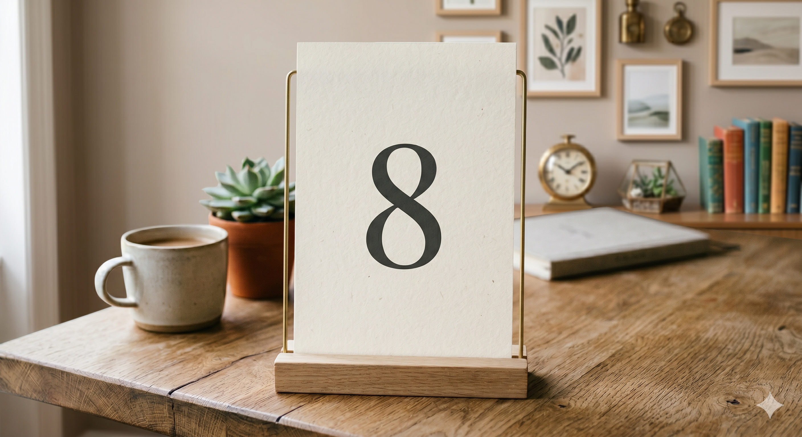 Carte portant le chiffre 8 dans un porte-carte en laiton sur un bureau en bois