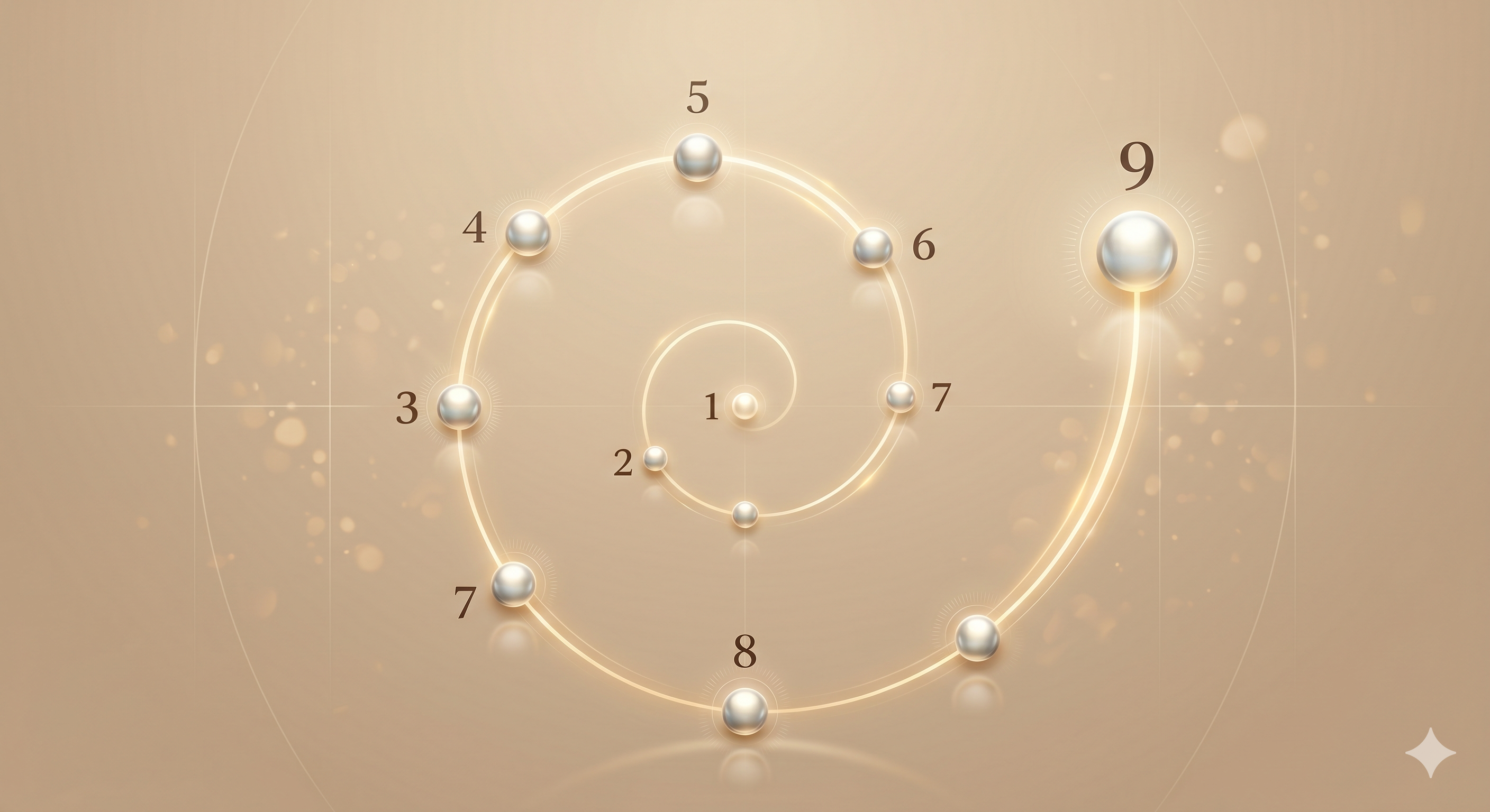 Spirale dorée représentant les neuf années du cycle numérologique, de 1 à 9, sur fond beige