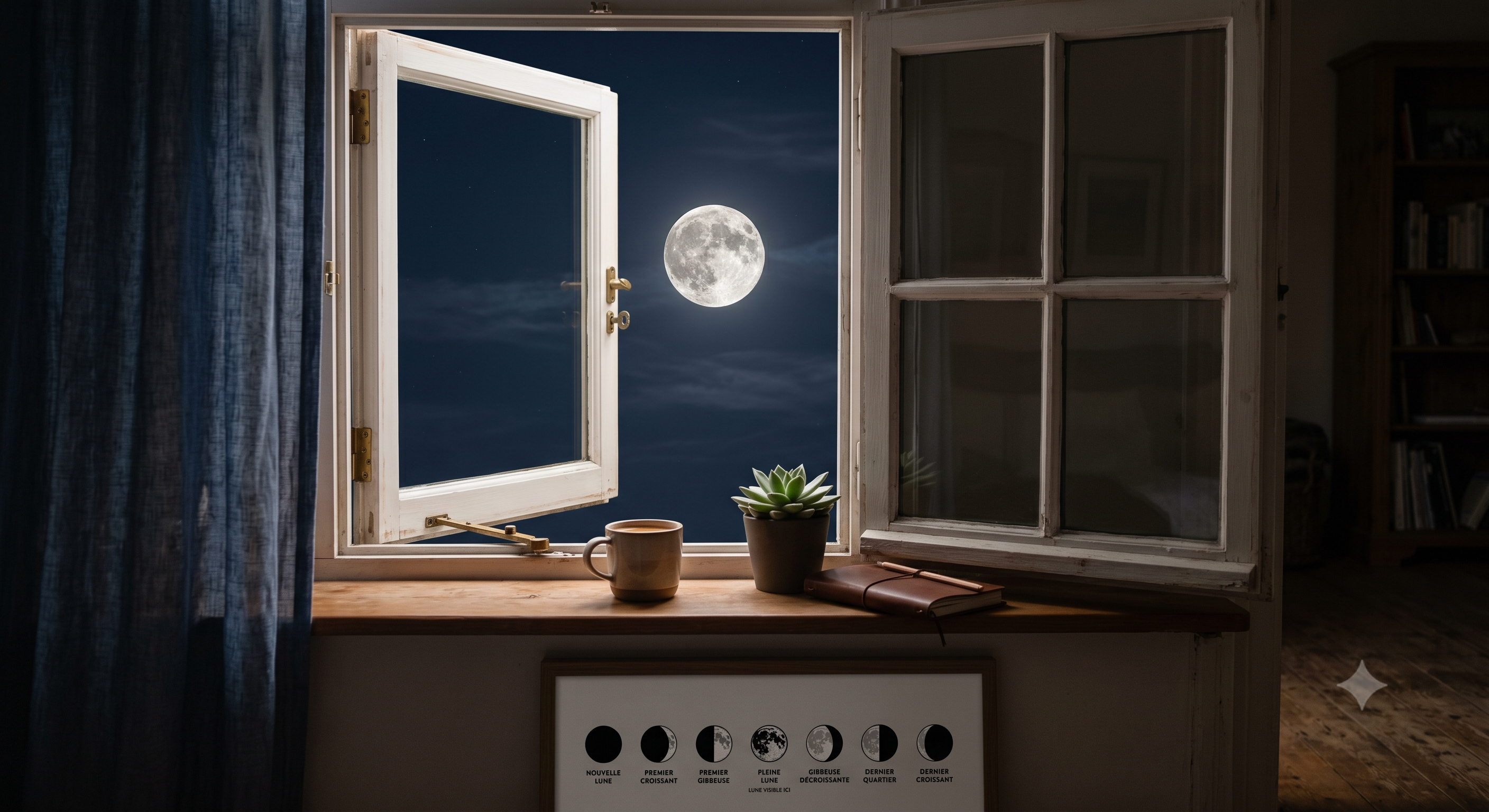 Lune pleine visible par une fenêtre ouverte avec phases lunaires illustrées, carnet et tasse sur le rebord