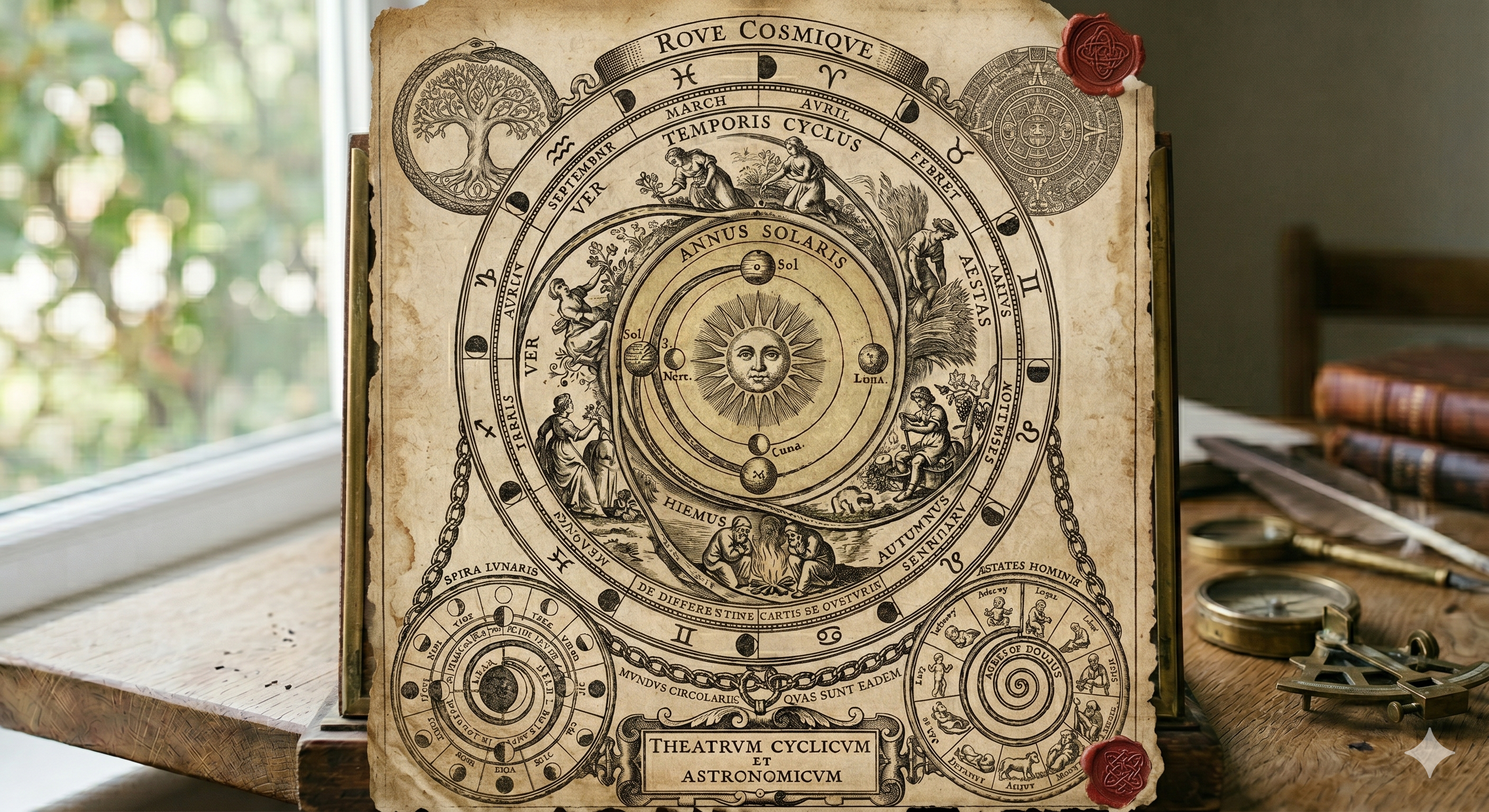 Illustration symbolique d'un calendrier cosmique représentant les cycles du temps