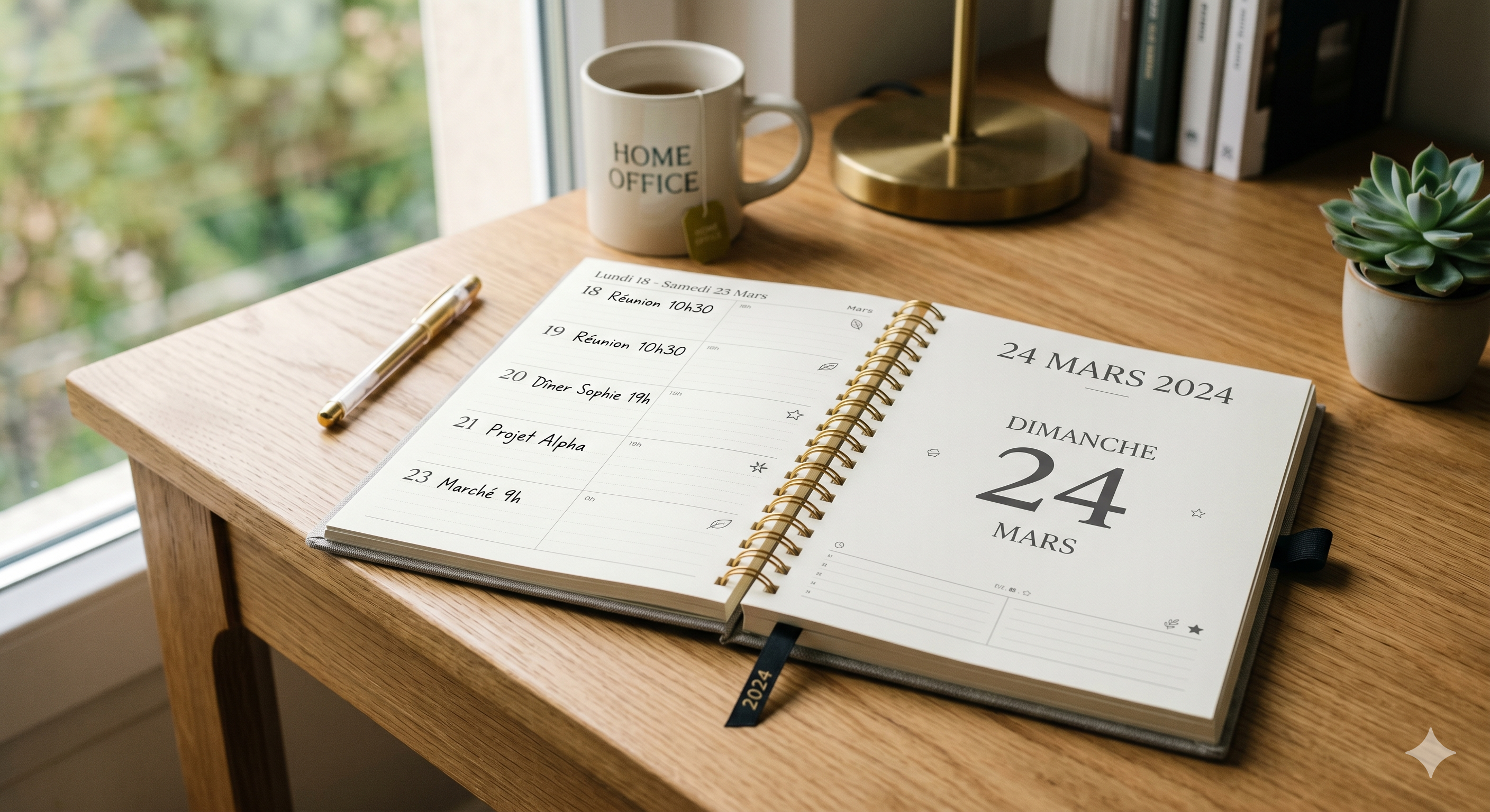 Calendrier ouvert sur un bureau en bois avec un chiffre visible, lumière naturelle
