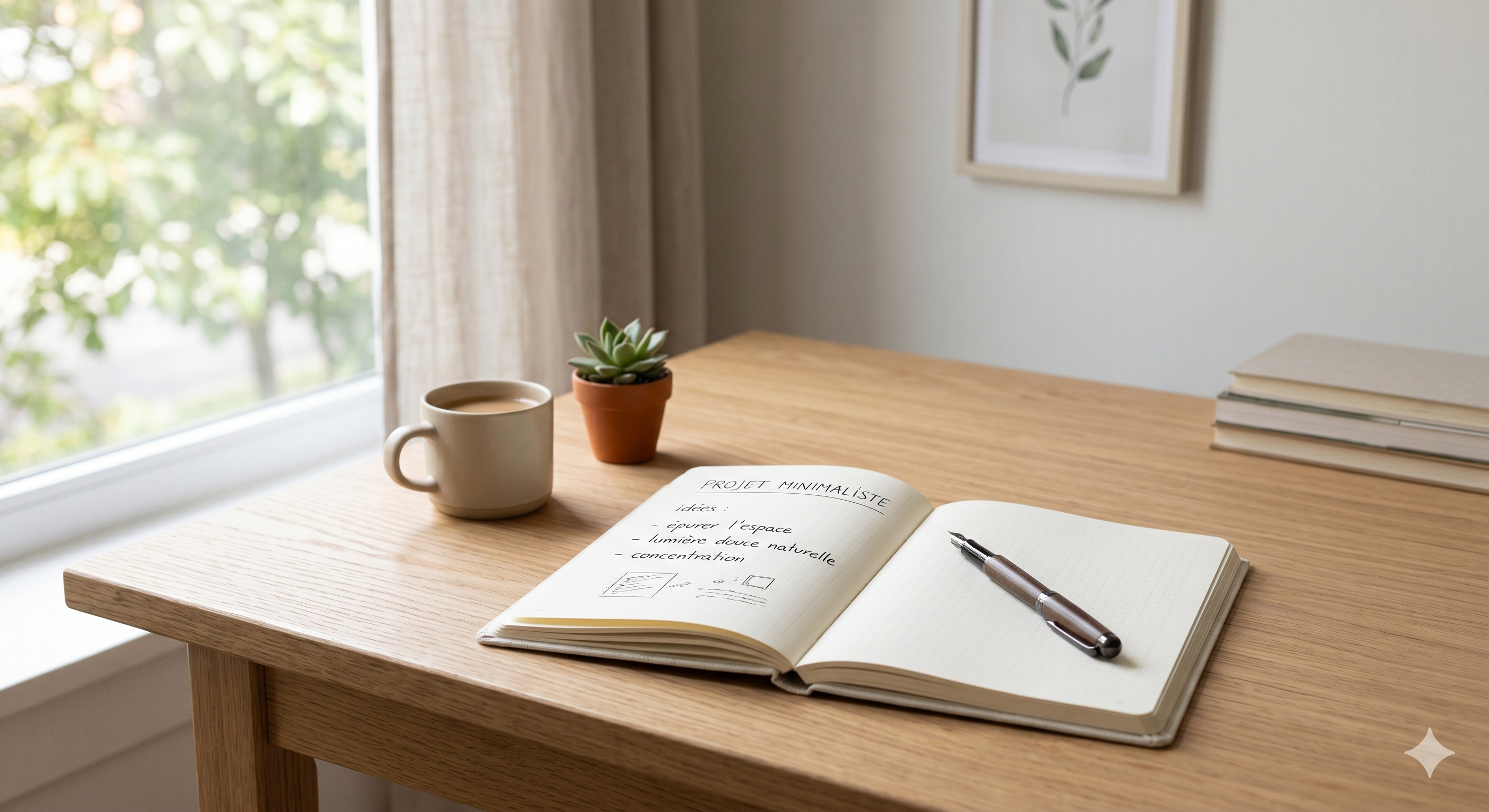 Carnet ouvert avec notes manuscrites sur un bureau en bois clair, stylo et tasse