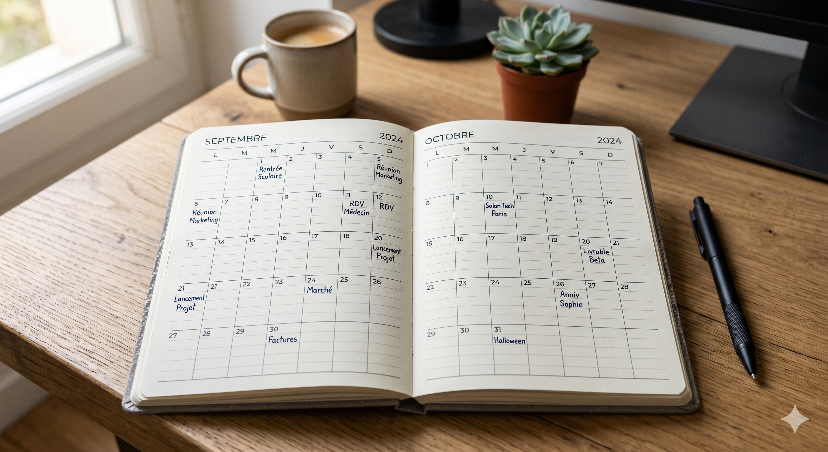 Carnet ouvert avec organisation mensuelle sur un bureau sobre